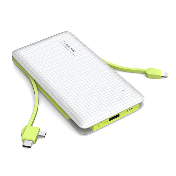 PINENG PN-956 10000mAh Built-In 2 Cable Lithium Polymer Power Bank - White